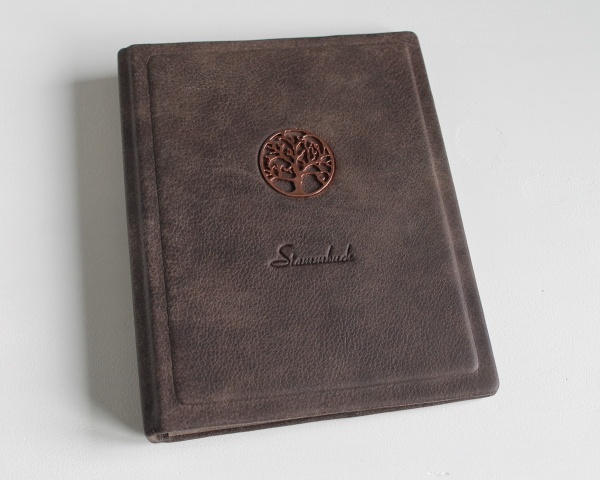 Stammbuch "ROSEGOLDENE LEBENSBAUM" aus braunem Büffelleder DIN A5